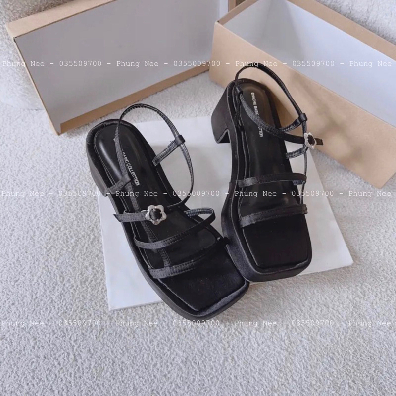 Giày sandal lụa quai mảnh  gót vuông cao 5cm mũi vuông hở mẫu mới