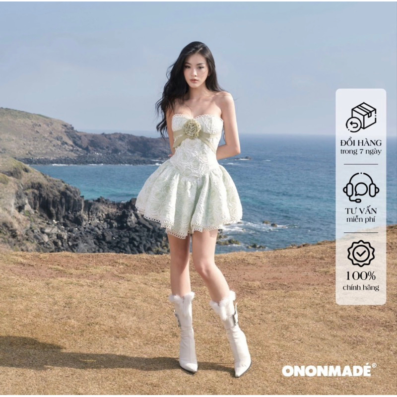 [PASS] ONONMADE Đầm Ngắn Xòe Cúp Ngực Eo Corset Phối Hoa Matcha Latte Mini Dress size S