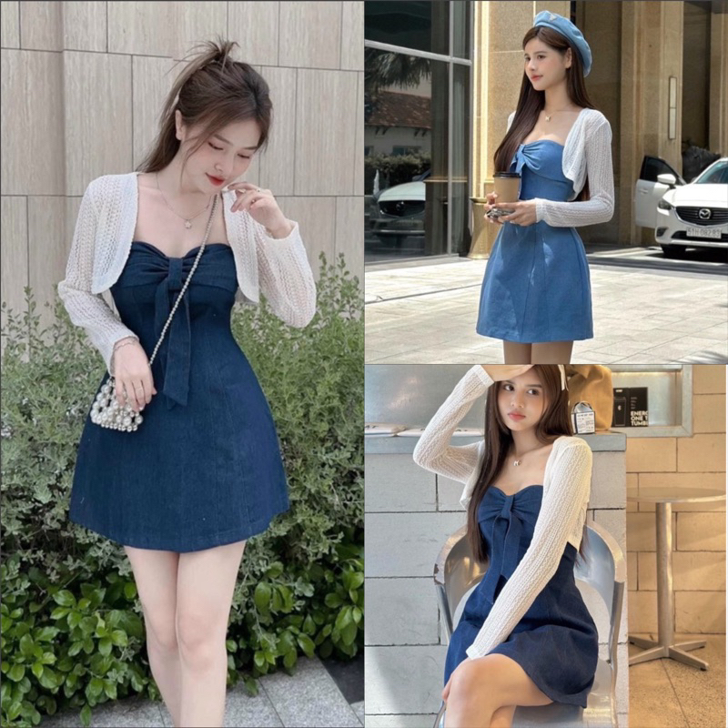 SET ĐẦM JEANS NƠ NGỰC DÁNG NGẮN KÈM ÁO KHOÁC LỬNG