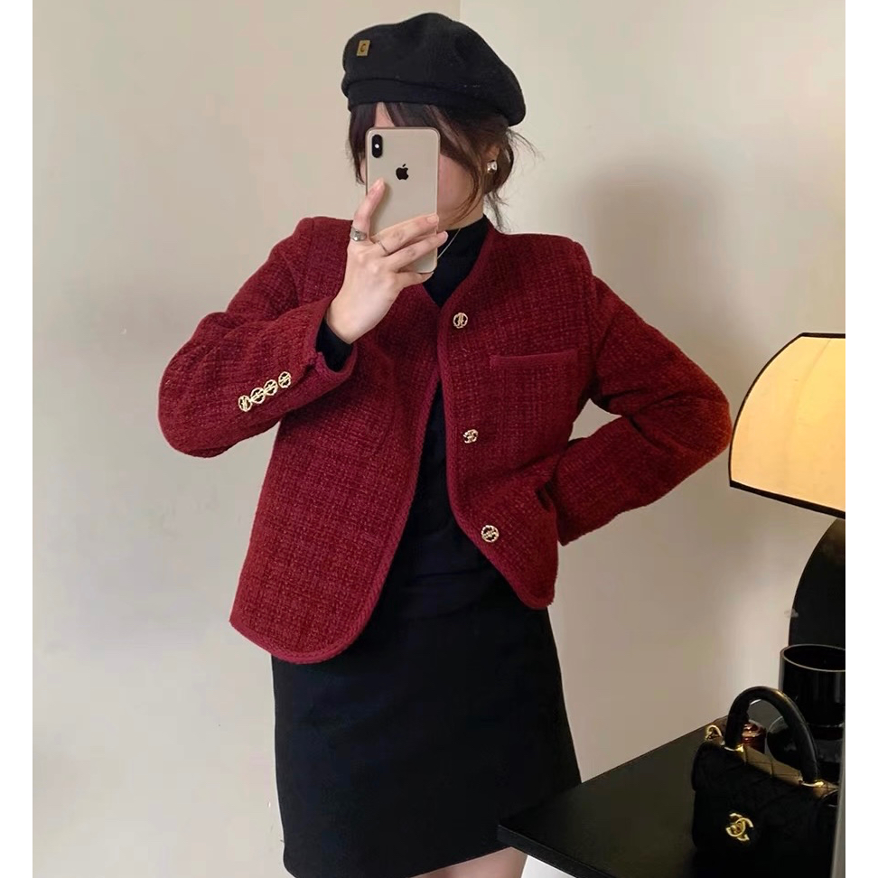 Áo Dạ Tweed Đỏ Đô Cúc Đồng (Hàng QC Loại 1) Áo Khoác Dạ Đỏ Đô Sang Chảnh Thời Thượng 2023