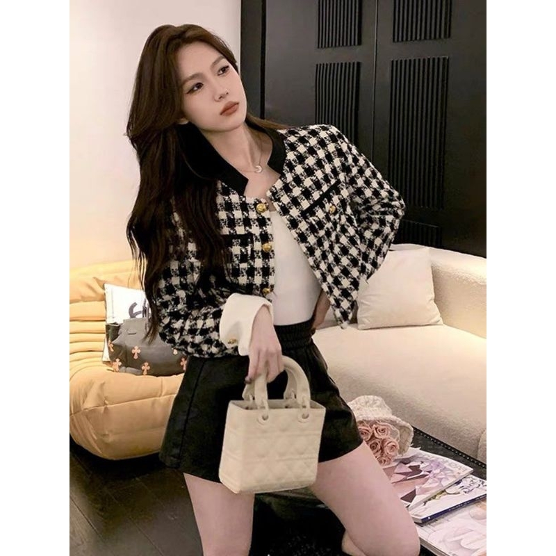 Áo Khoác Dạ Tweed Kẻ Ziczac Cổ Tàu Phối Cổ Tay Trắng Size S M - Halinh Shop - Áo Khoác Dạ Kẻ Tweed Nữ Túi Ngực Cúc Đồng