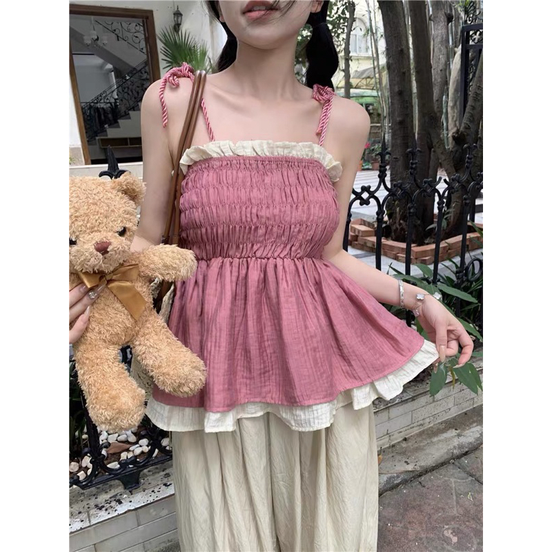 Áo Hai Dây Xếp Ly Ôm Eo Dáng Ngắn Thời Trang Mùa Hè Nữ - Áo 2 Dây 2 Lớp Bo Chun Ôm Eo 2 Màu Hồng Nâu