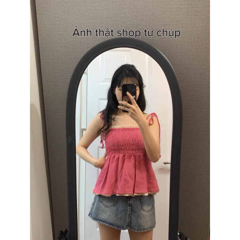 Áo Hai Dây Xếp Ly Ôm Eo Dáng Ngắn Thời Trang Mùa Hè Nữ - Áo 2 Dây 2 Lớp Bo Chun Ôm Eo 2 Màu Hồng Nâu