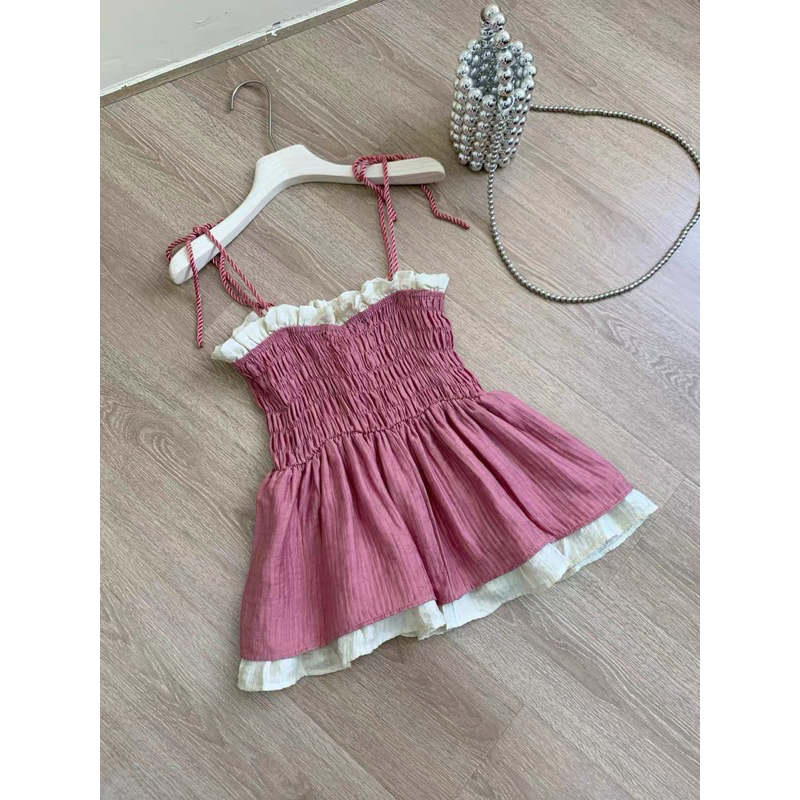 Áo Hai Dây Xếp Ly Ôm Eo Dáng Ngắn Thời Trang Mùa Hè Nữ - Áo 2 Dây 2 Lớp Bo Chun Ôm Eo 2 Màu Hồng Nâu