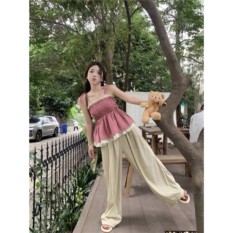 Áo Hai Dây Xếp Ly Ôm Eo Dáng Ngắn Thời Trang Mùa Hè Nữ - Áo 2 Dây 2 Lớp Bo Chun Ôm Eo 2 Màu Hồng Nâu