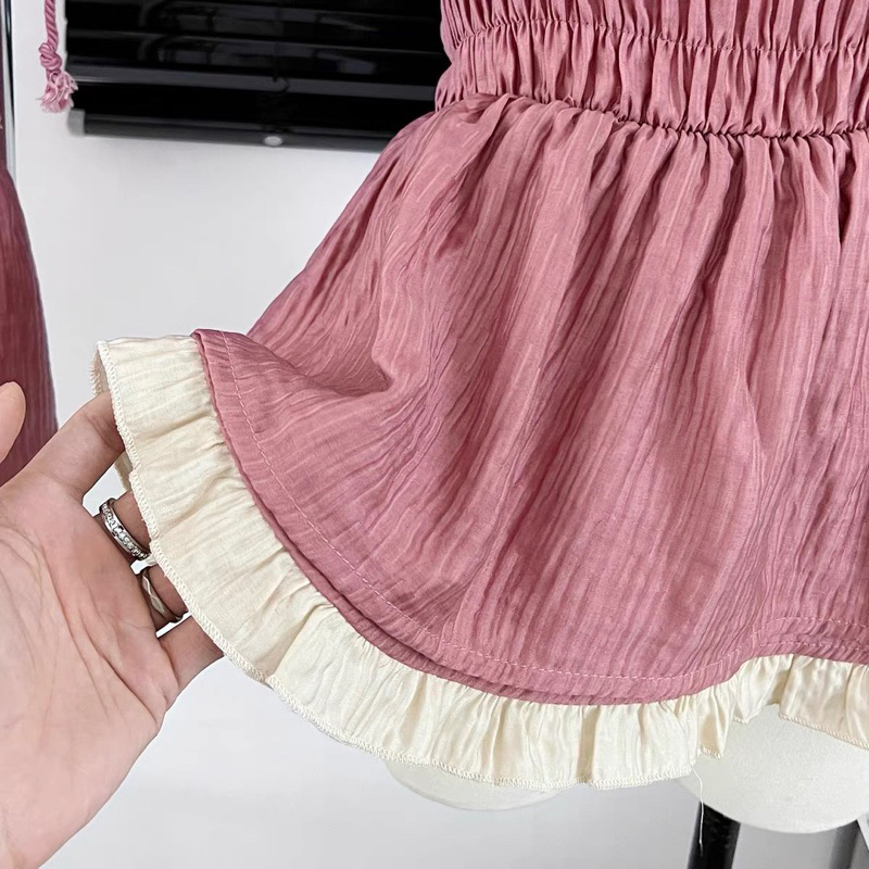 Áo Hai Dây Xếp Ly Ôm Eo Dáng Ngắn Thời Trang Mùa Hè Nữ - Áo 2 Dây 2 Lớp Bo Chun Ôm Eo 2 Màu Hồng Nâu