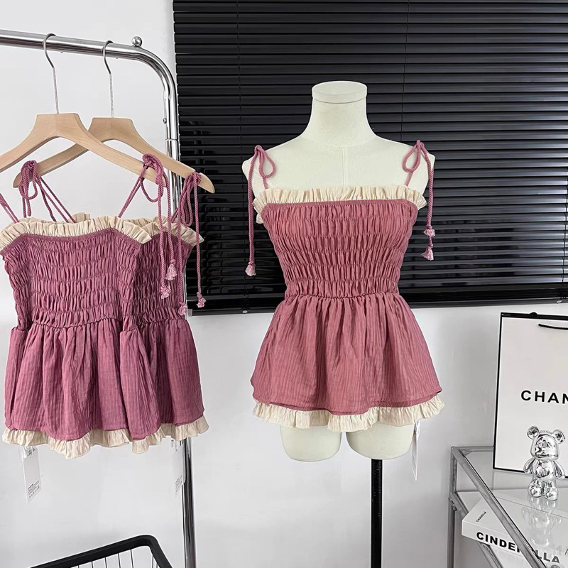 Áo Hai Dây Xếp Ly Ôm Eo Dáng Ngắn Thời Trang Mùa Hè Nữ - Áo 2 Dây 2 Lớp Bo Chun Ôm Eo 2 Màu Hồng Nâu