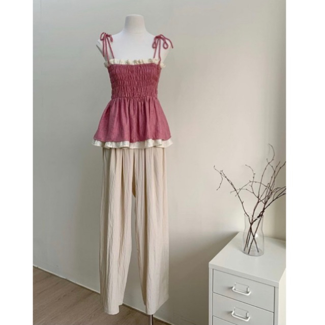 Áo Hai Dây Xếp Ly Ôm Eo Dáng Ngắn Thời Trang Mùa Hè Nữ - Áo 2 Dây 2 Lớp Bo Chun Ôm Eo 2 Màu Hồng Nâu