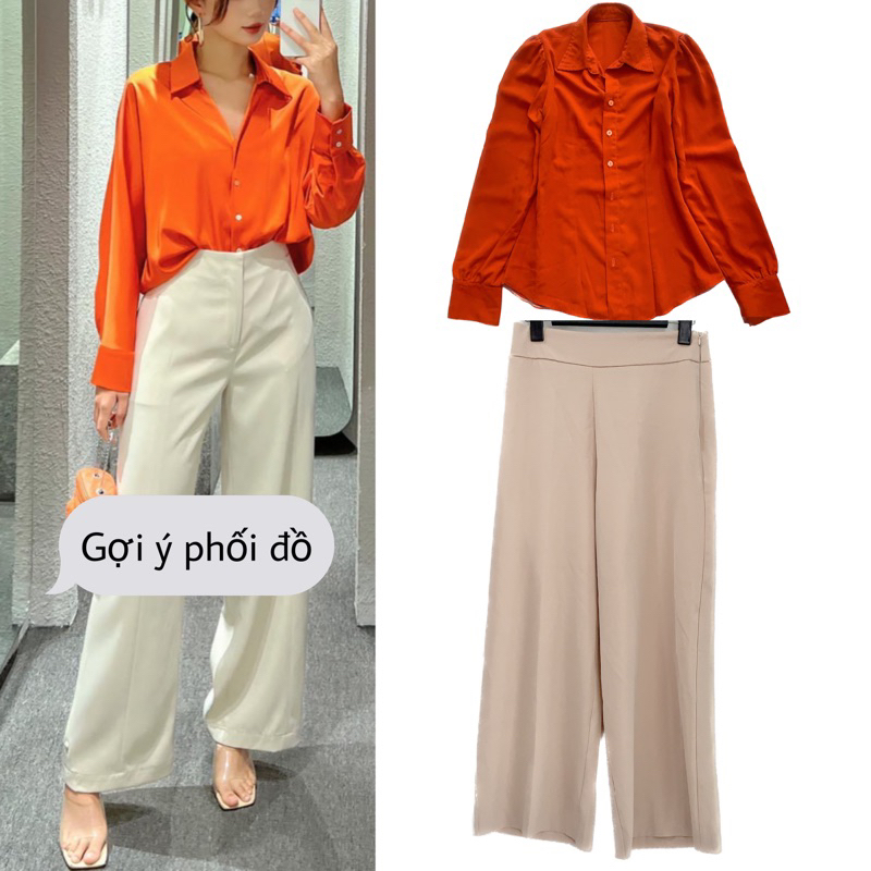 Thanh lý set công sở áo sơ mi cam và quần ống rộng màu kem