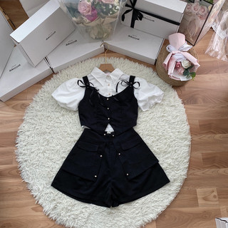 Set 3 món sơ mi tay bồng gile chân váy 204