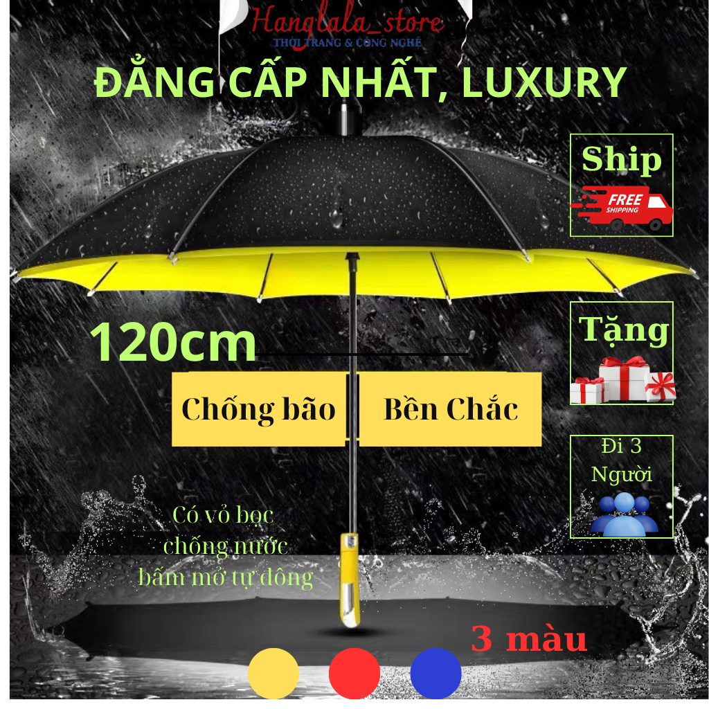 Ô Cao Cấp Hàng Luxury, Dù Che Mưa Cỡ Lớn Chống Gió Bão, Ô Chơi Gold Cao Cấp 2 Lớp, Đi 3 Người Siêu Bền Đẹp