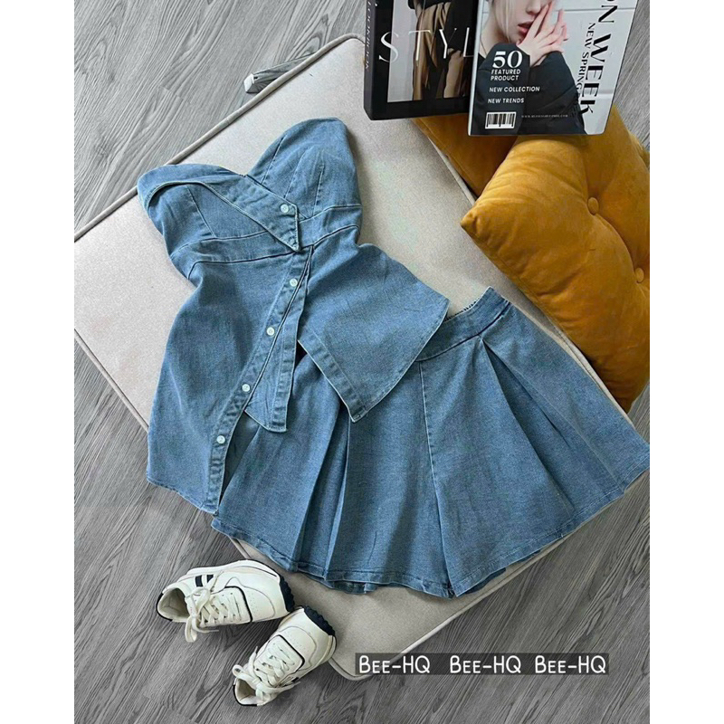 Set Váy Jean Áo Cúp Ngực Đính Nút Lưng Chun Chân Váy Quần Ống Rộng Set Jean Cúp Ngực Quần Short - Thời Trang Nữ Giá Rẻ