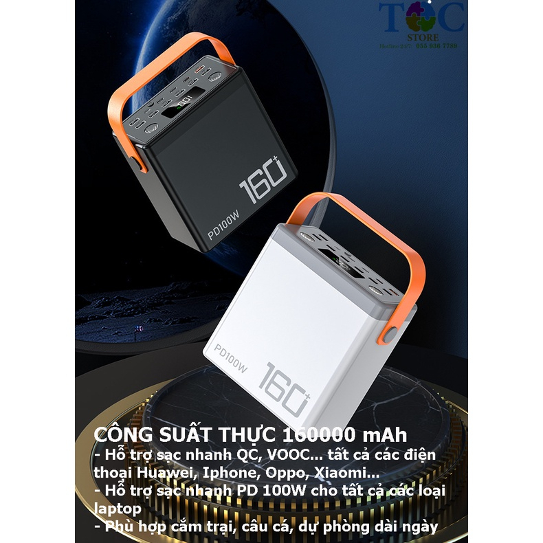 Trạm Sạc Dự Phòng Dung Lượng Khủng 160000 mAh công suất 100W chính hãng dùng 40 cell pin 21700 hoặc 54 cell 18650