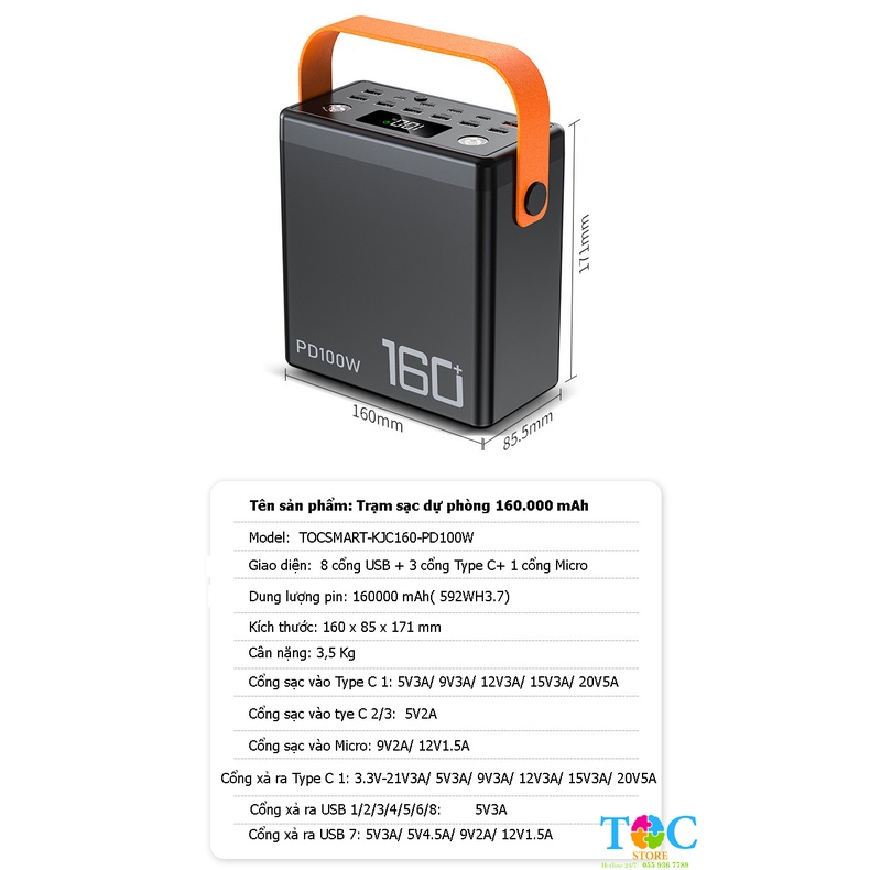 Trạm Sạc Dự Phòng Dung Lượng Khủng 160000 mAh công suất 100W chính hãng dùng 40 cell pin 21700 hoặc 54 cell 18650