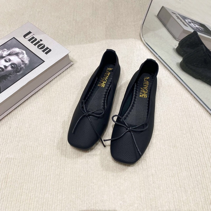 Giày bệt búp bê nữ phối nơ mũi tròn, giày đế bằng chất da mềm đi siêu êm