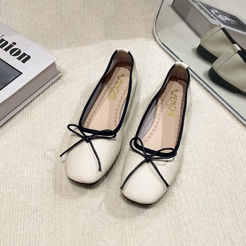 Giày bệt búp bê nữ phối nơ mũi tròn, giày đế bằng chất da mềm đi siêu êm