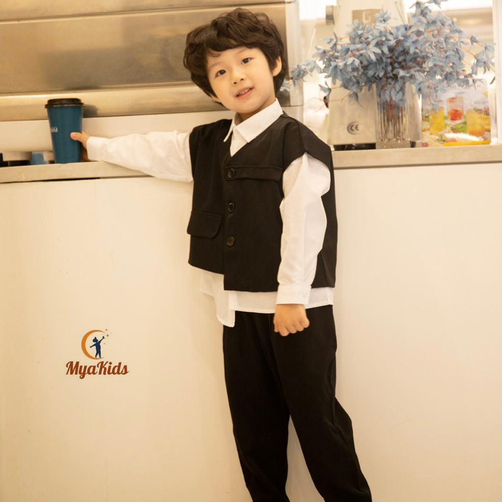 Vest Bé Trai MyaKids, Bộ Vest Bé Trai 3 Chi Tiết Phong Cách Hàn Quốc Thiết Kế MyaKids