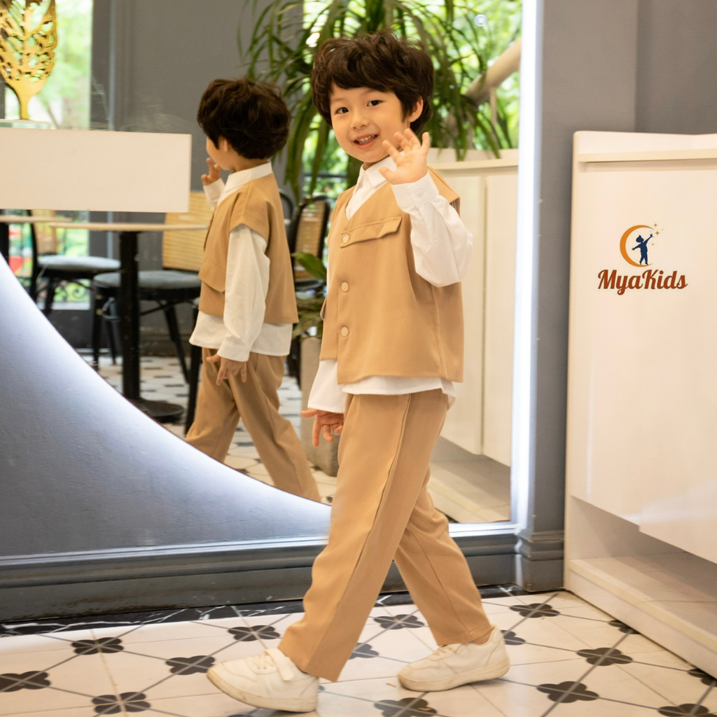 Vest Bé Trai MyaKids, Bộ Vest Bé Trai 3 Chi Tiết Phong Cách Hàn Quốc Thiết Kế MyaKids