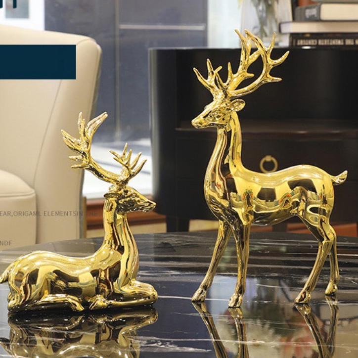 Cặp hươu decor gốm mạ vàng trang trí cao cấp phong cách sang trọng hàng có sẵn