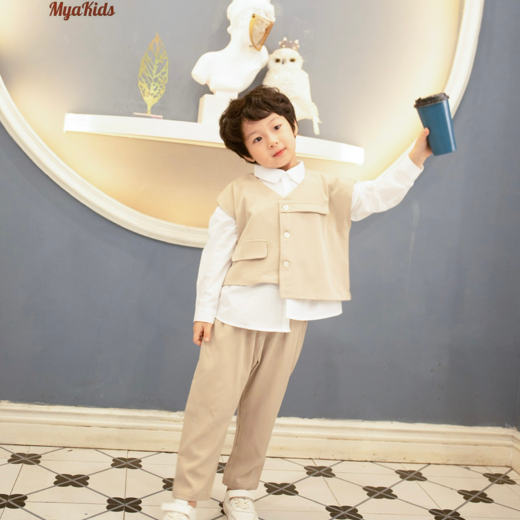 Vest Bé Trai MyaKids, Bộ Vest Bé Trai 3 Chi Tiết Phong Cách Hàn Quốc Thiết Kế MyaKids