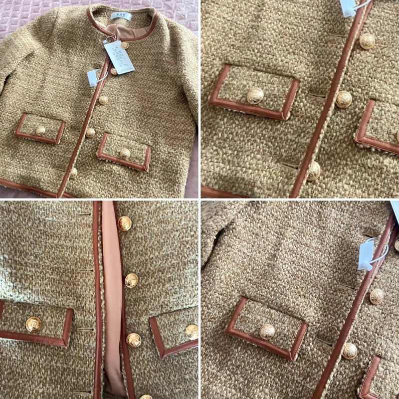 Áo Dạ Tweed Phối Viền Da Màu Nâu Tây Siêu Xinh Phong Cách Sang Chảnh_ Hàng Order QCCC