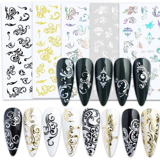  Sticker dán móng tay nail hoa văn trắng đen & hoa mạ vàng đen cực đẹp 