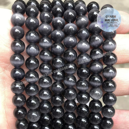 Chuỗi Đá Mắt Mèo Màu Đen  - Size 6mm, 8mm, 10mm - Xâu, Mix Phối Các Loại Vòng Phong Thủy nam Nữ, Làm Vòng Hamdmade