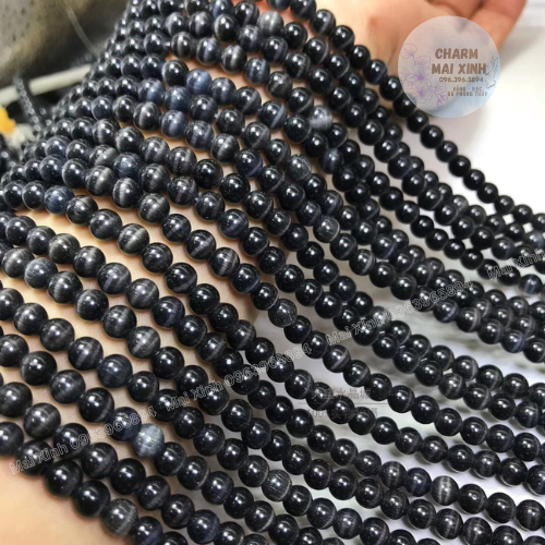 Chuỗi Đá Mắt Mèo Màu Đen  - Size 6mm, 8mm, 10mm - Xâu, Mix Phối Các Loại Vòng Phong Thủy nam Nữ, Làm Vòng Hamdmade