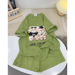 Bộ quần đùi áo thun unisex nữ tay lỡ form rộng chất cotton  su in chữ GẤU STAY THUUNISEX B45