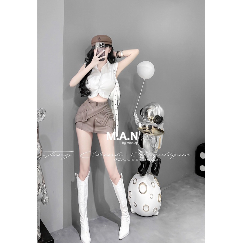 SET CHÂN VÁY ĐAI CHÉO ÁO SƠ MI TRẮNG SÁT NÁCH