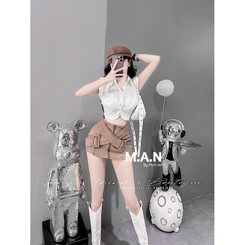 SET CHÂN VÁY ĐAI CHÉO ÁO SƠ MI TRẮNG SÁT NÁCH