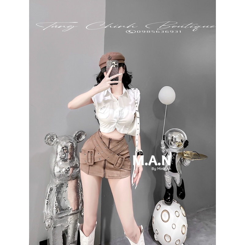 SET CHÂN VÁY ĐAI CHÉO ÁO SƠ MI TRẮNG SÁT NÁCH