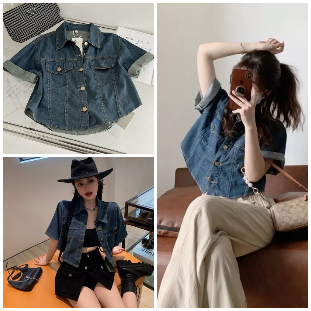 Áo sơ mi jean ngắn tay croptop có túi tay lỡ denim AK61