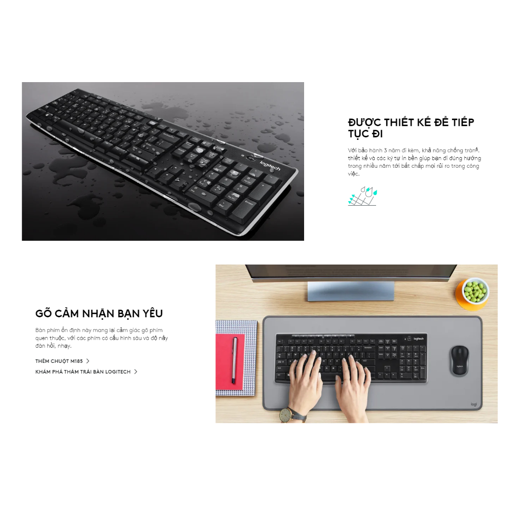 Bàn phím Logitech K270 Không dây Usb Wireless, chống đổ tràn, Full-size có 104 phím, kích thước đầy đủ