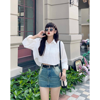 Áo Sơmi Nữ Croptop Dài Tay 2 Túi Trước Trơn Basic SHE NN