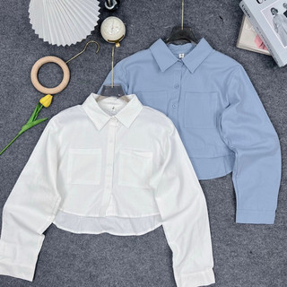 Áo Sơmi Nữ Croptop Dài Tay 2 Túi Trước Trơn Basic SHE NN