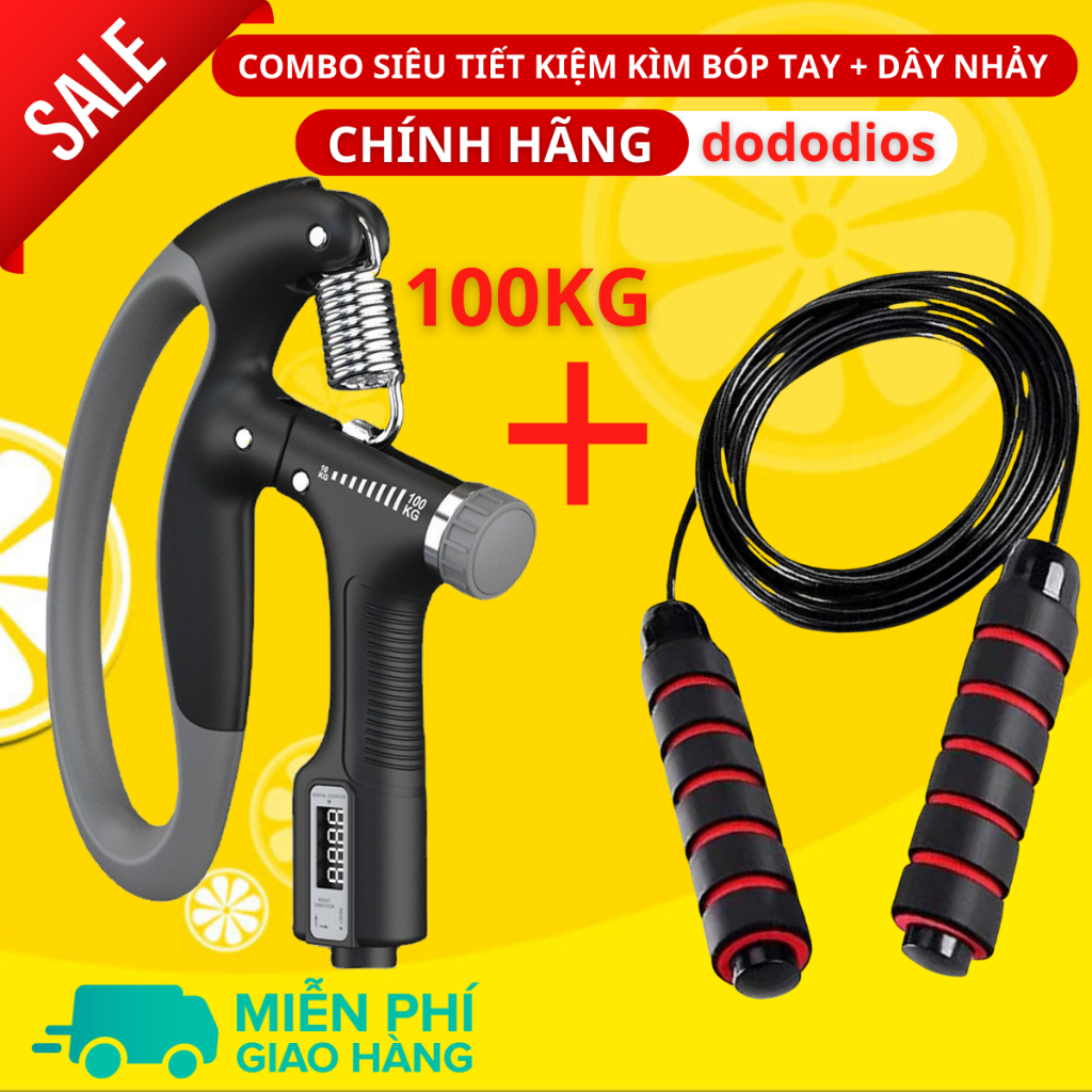 Combo dây nhảy và kìm bóp tay - lõi dây nhảy là lõi thép, kìm bóp tập cơ tay tối đa 60kg 100kg 120kg có màn hình