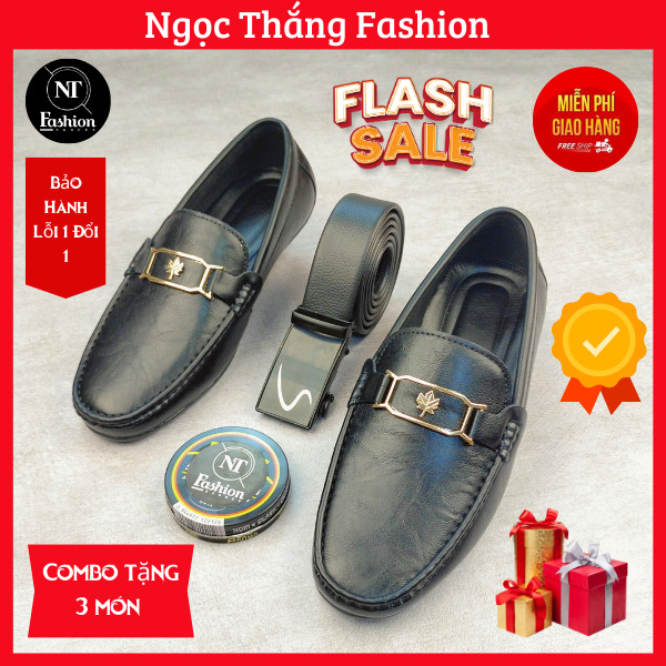 Giày lười mọi màu đen khuy vàng lười nam da full size 37-44