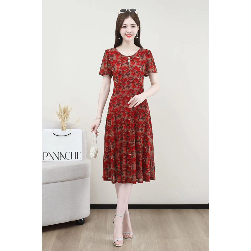 Đầm trung niên  Váy trung niên ngắn tay cho mẹ hàng Quảng Châu chất vải thun lạnh 3D đẹp nhẹ,mát