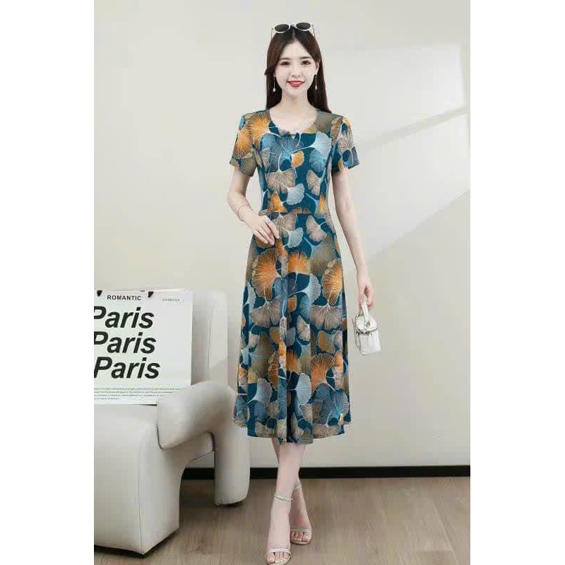 Đầm trung niên  Váy trung niên ngắn tay cho mẹ hàng Quảng Châu chất vải thun lạnh 3D đẹp nhẹ,mát