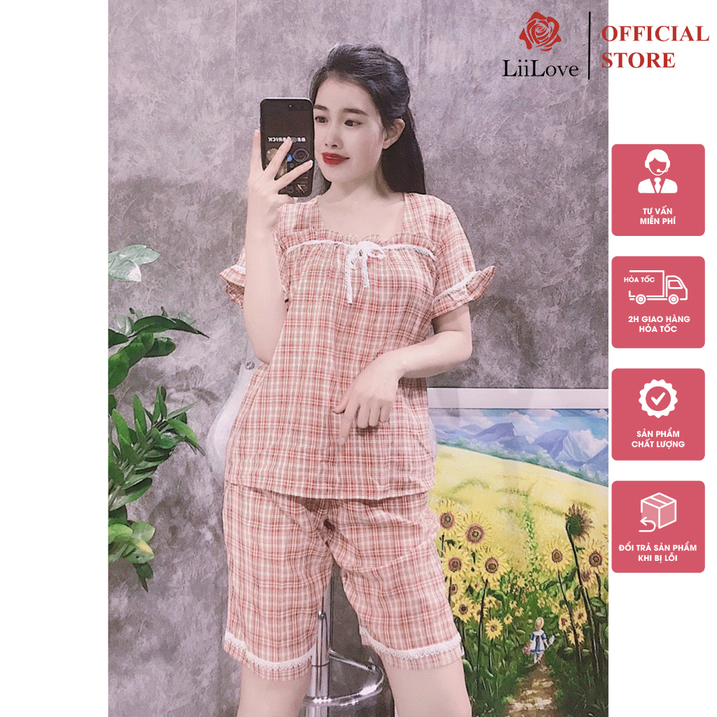 Bộ đồ mặc nhà kẻ caro chất đũi thấm hút mồ hôi thoáng khí áo cộc quần lửng Liilove Shop BR