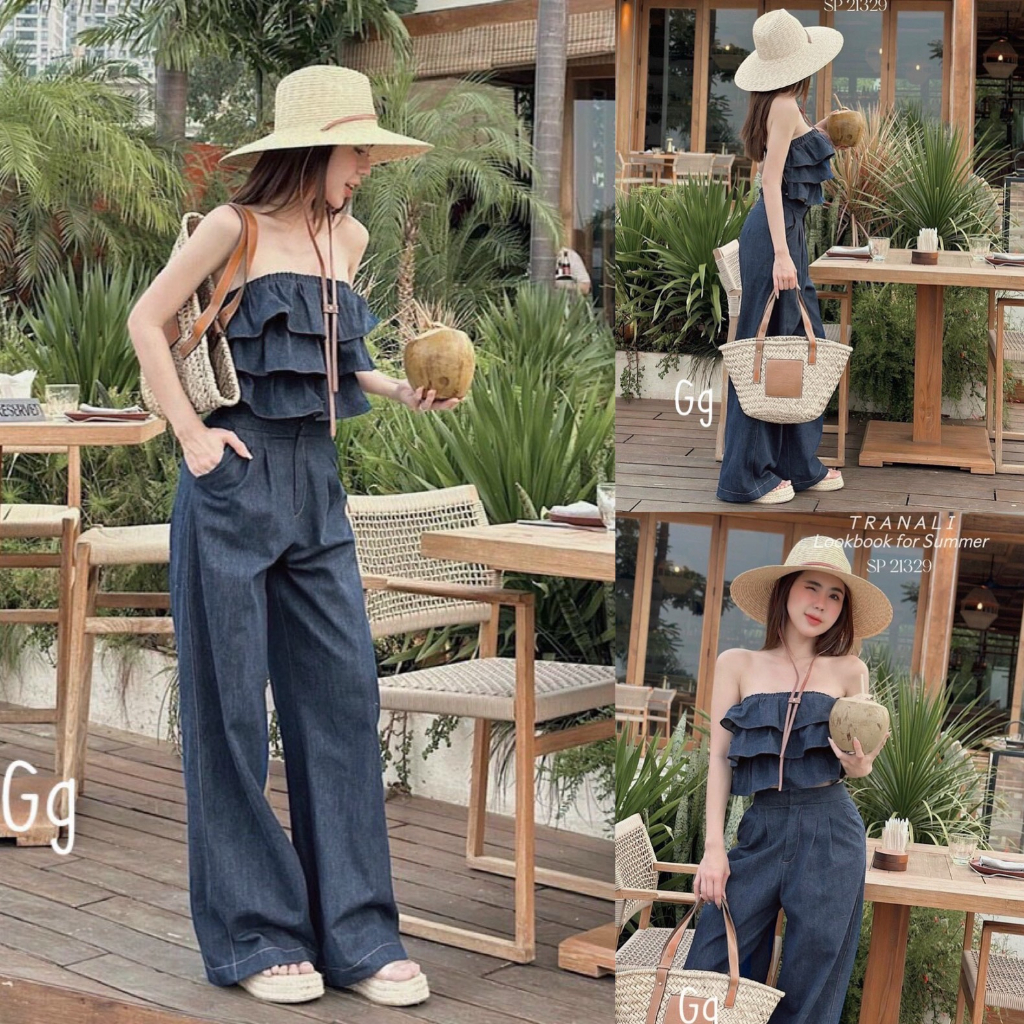 Set bộ đồ nữ áo cúp ngực xếp ly tầng bèo mix quần suông rộng tone màu xanh jeans cho các nàng diện đi chơi siêu xinh