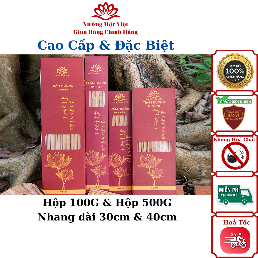 Nhang Trầm Hương Sạch Tự Nhiên Không Hoá Chất Xưởng Mộc Việt - Dài 30cm Và 40cm Hương Thơm Dịu Nhẹ, An Toàn Sức Khoẻ