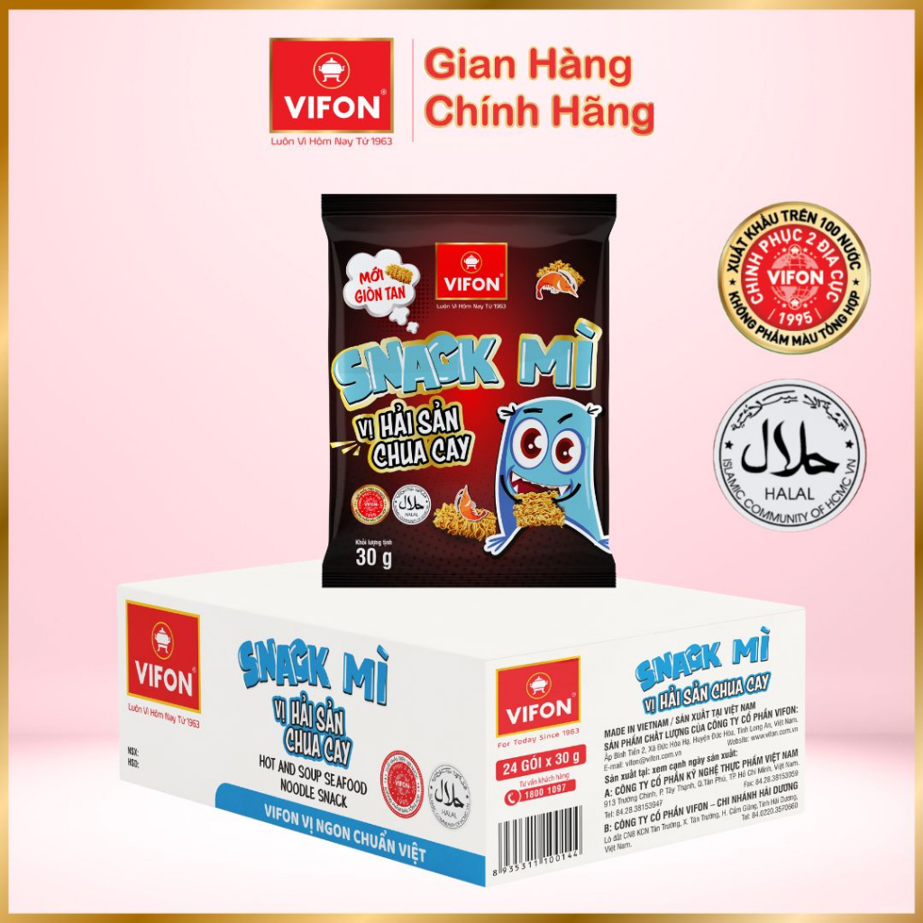 Thùng 24 gói Snack Mì Hải Sản/ Phô mai/ Bò nướng VIFON 30gr/ Gói