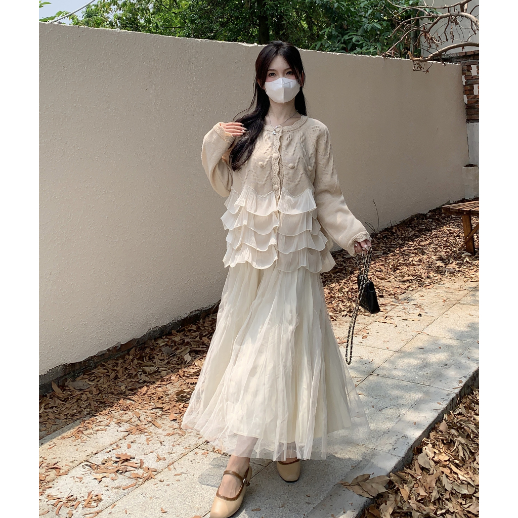 Áo cardigan len nữ dệt kim tay dài vintage sweater khoác len nữ phối viền ren hàn quốc 2453