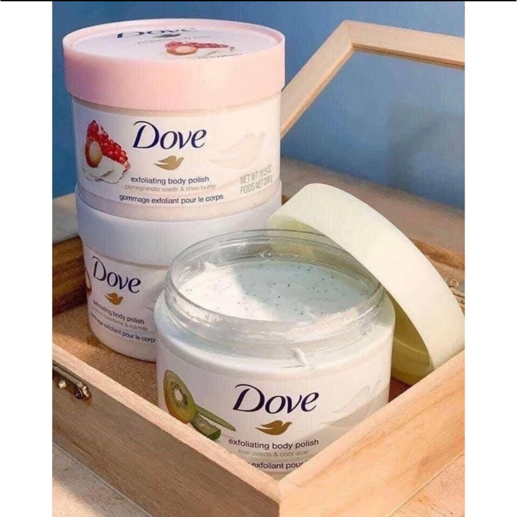 Tẩy trắng da chết DOVE Exfoliating Body Polish xanh, xanh nhạt và hồng 298g  Suckhoetoandien360