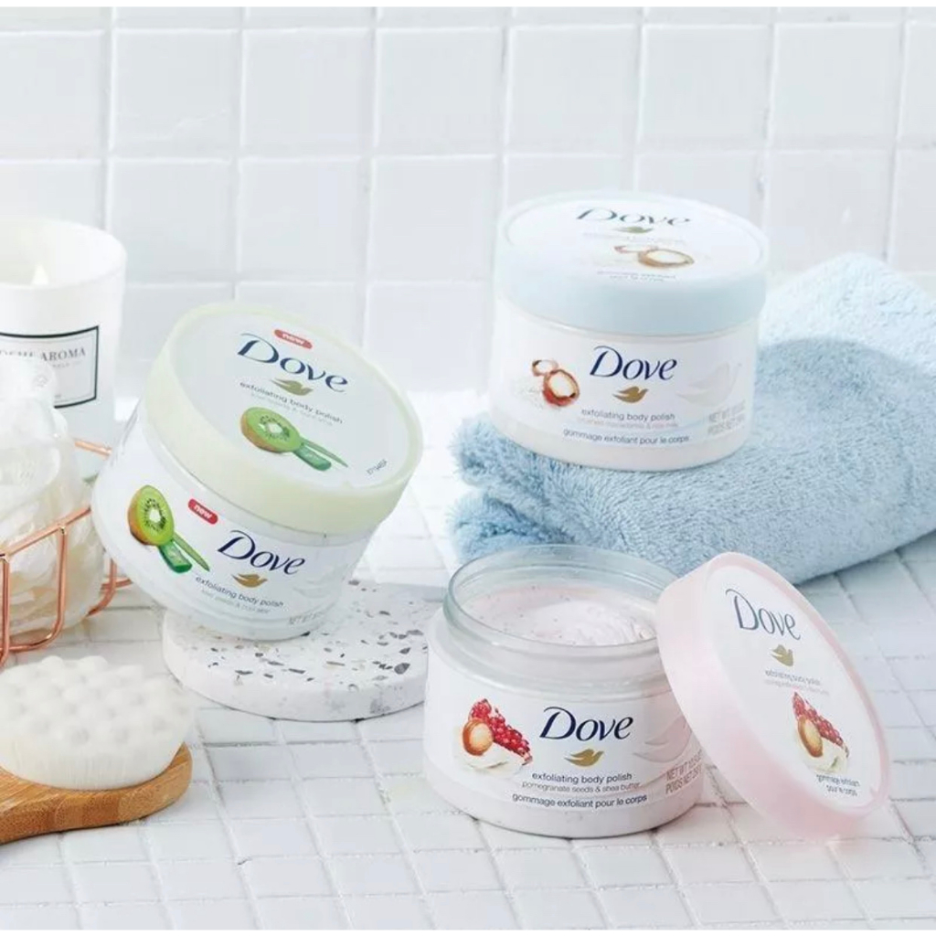 Tẩy trắng da chết DOVE Exfoliating Body Polish xanh, xanh nhạt và hồng 298g  Suckhoetoandien360