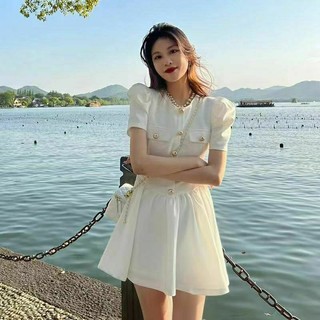Yushop Váy Thiết Kế Kiểu Nữ, 2 Màu Trắng Đen Lựa Chọn, Thiết Kế Nút Đính Kiểu Tay Phồng Xinh Xắn Cho Bạn Gái