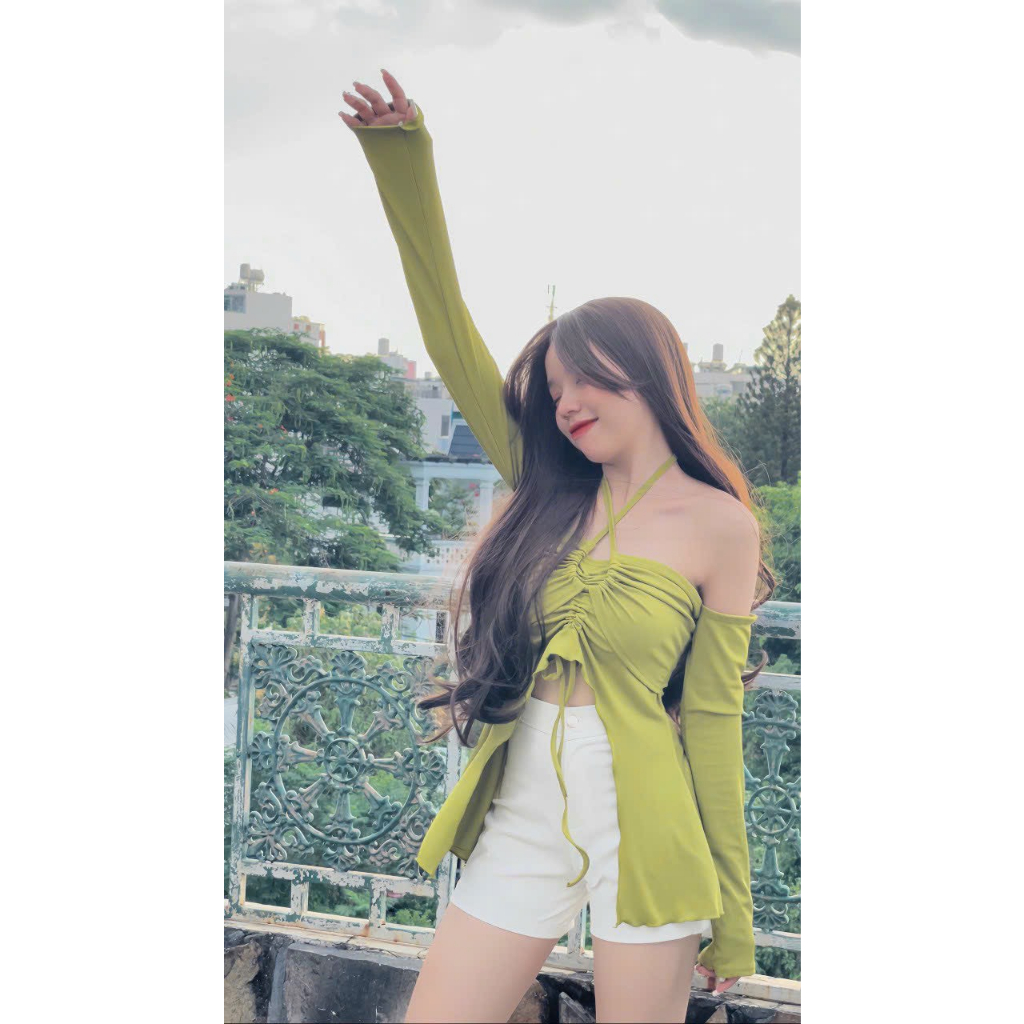 Áo Trễ Vai Cổ Yếm Dây Rút Xẻ Tà Tay Dài