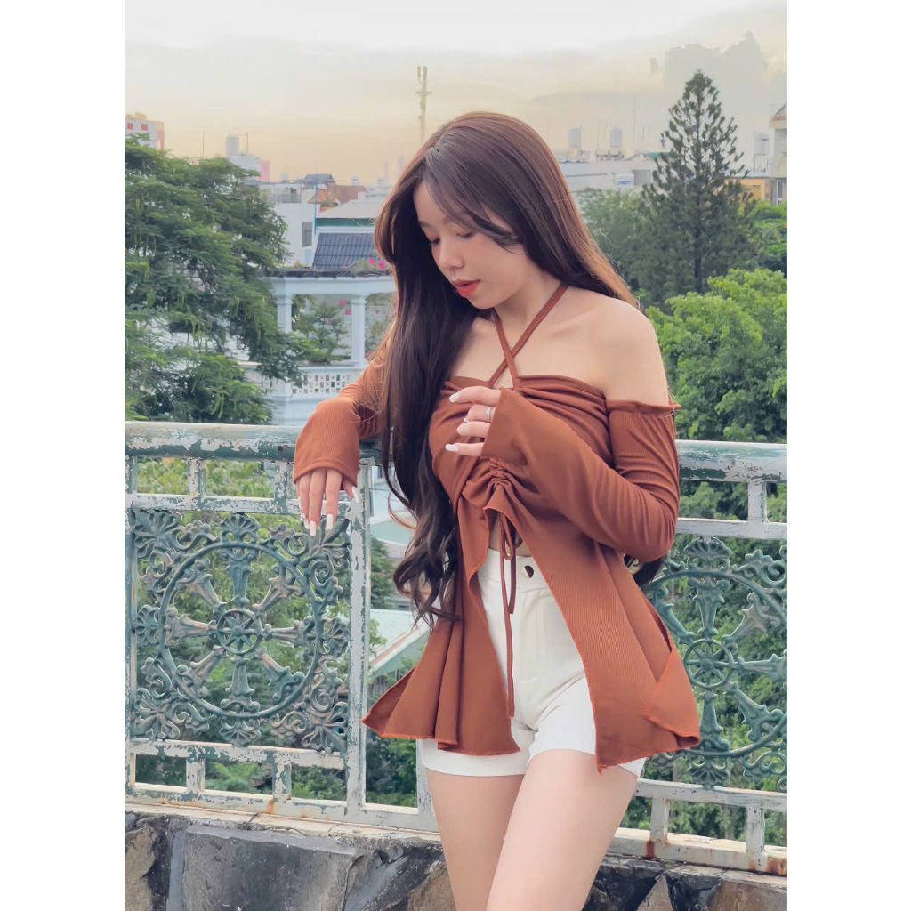 Áo Trễ Vai Cổ Yếm Dây Rút Xẻ Tà Tay Dài